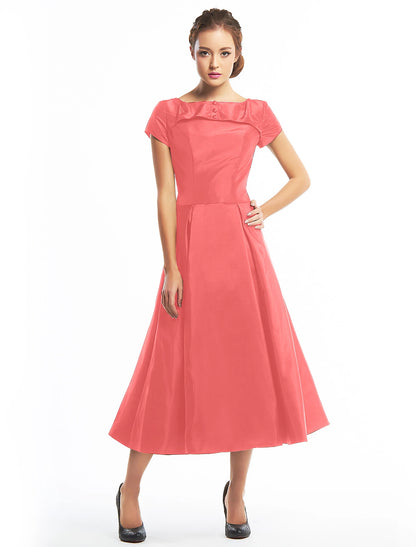 A-Line Vintage Dress Homecoming Tea Length Short Sleeve Boat Neck Taffeta with Buttons