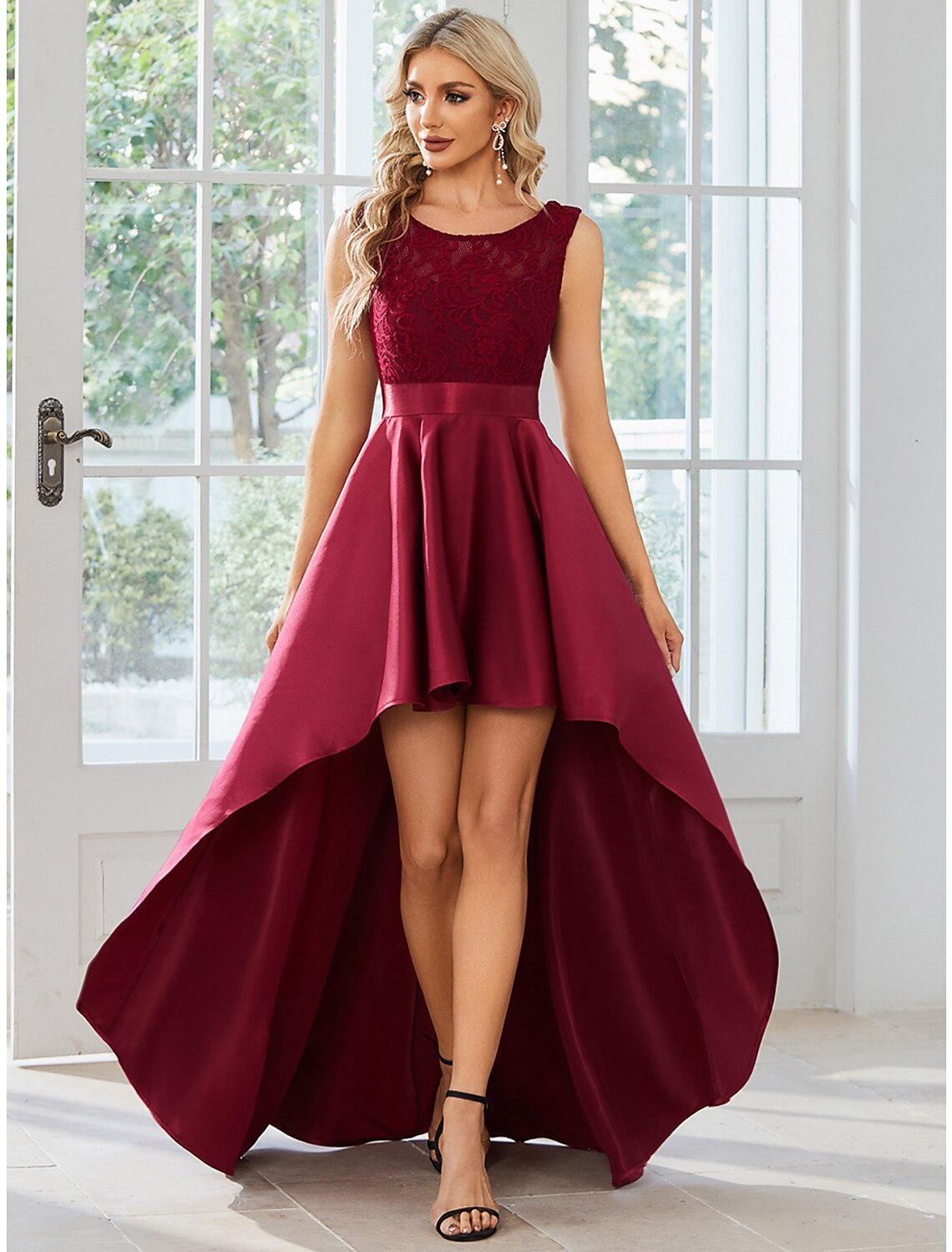 A-Line Wedding Guest Dresses Casual Dress Party Wear Asymmetrical Sleeveless Jewel Neck Satin with Pure Color