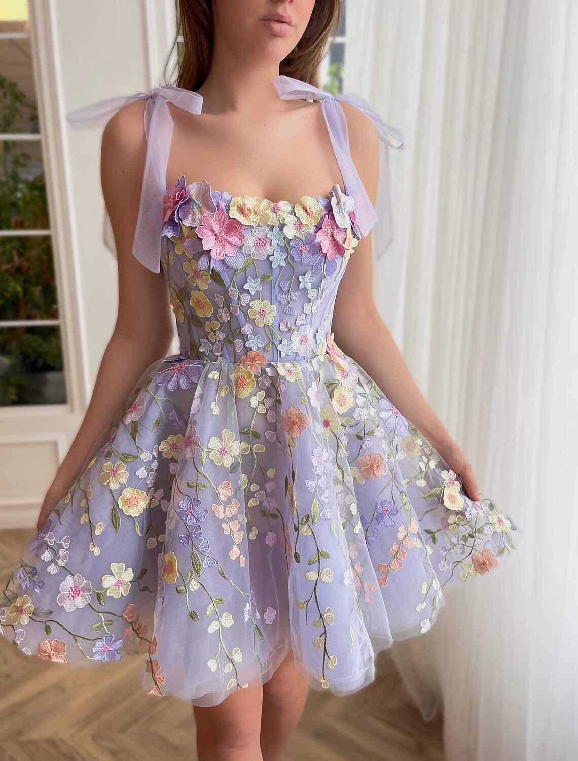 A-Line Homecoming Dresses Floral Dress Sweet 16 Summer Knee Length Sleeveless Spaghetti Strap Tulle with Embroidery