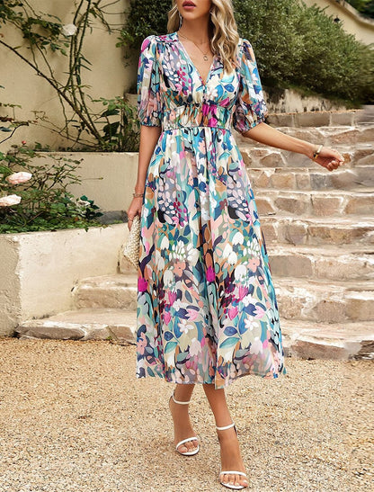 A-Line Wedding Guest Dresses Floral Dress Holiday Summer Tea Length Short Sleeve V Neck Chiffon with Print