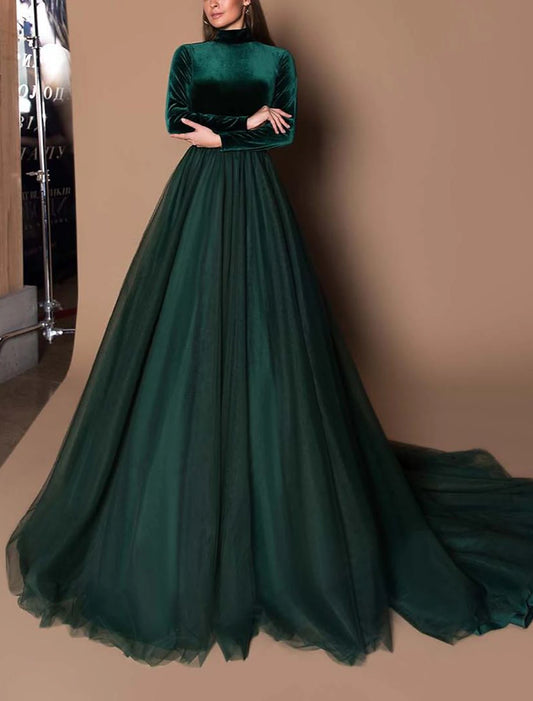 Ball Gown Beautiful Back Elegant Wedding Guest Formal Evening Birthday Dress High Neck Long Sleeve Court Train Tulle with Pleats Pure Color
