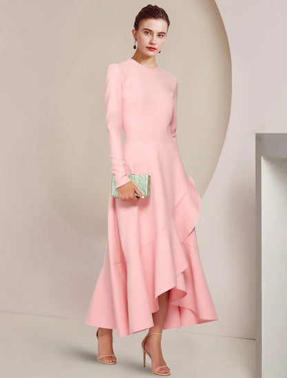 A-Line Mother of the Bride Dress Formal Wedding Guest Elegant High Low Scoop Neck Asymmetrical Ankle Length Stretch Fabric Long Sleeve with Ruffles