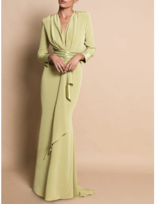 Sheath / Column Mother of the Bride Dress Formal Wedding Guest Elegant Party V Neck Sweep / Brush Train Stretch Chiffon Long Sleeve with Draping Ruching