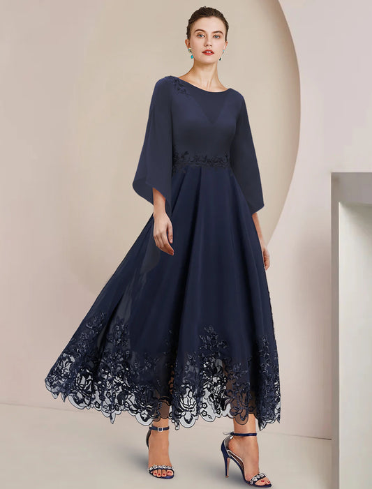 A-Line Mother of the Bride Dress Wedding Guest Elegant Party Scoop Neck Tea Length Chiffon Lace 3/4 Length Sleeve with Appliques
