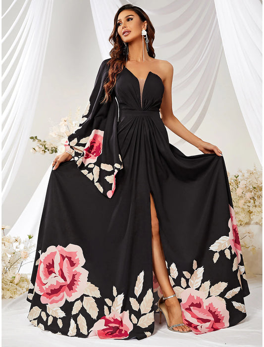 A-Line Wedding Guest Dresses Floral Dress Formal Court Train Long Sleeve One Shoulder Chiffon with Slit Print