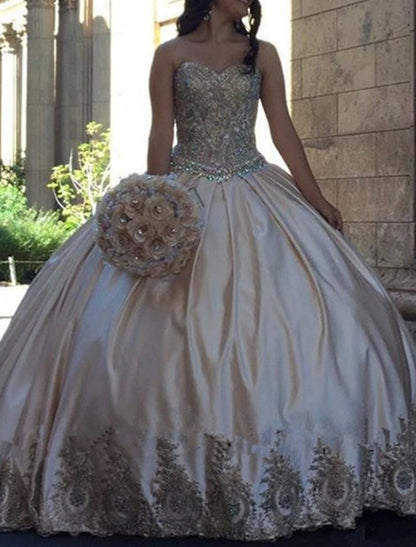 Ball Gown Quinceanera Dresses Princess Dress Formal Wedding Court Train Sleeveless Strapless Satin with Appliques