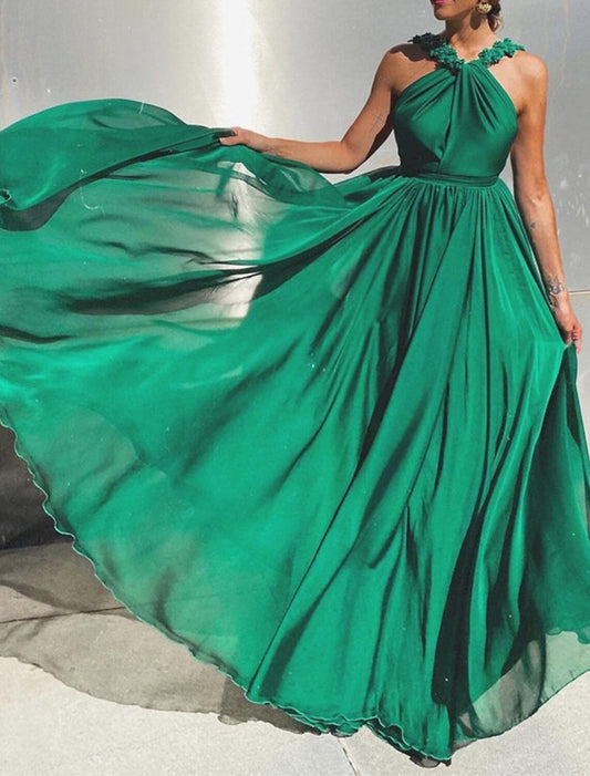 Ball Gown Wedding Guest Dresses Open Back Dress Wedding Guest Prom Sweep / Brush Train Sleeveless Halter Neck Polyester with Pleats