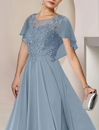 A-Line Mother of the Bride Dress Elegant Scoop Neck Tea Length Chiffon Lace Sleeveless with Beading Appliques