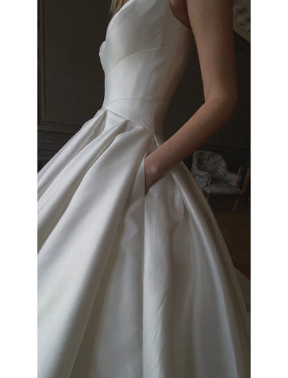 Royal Style Formal Wedding Dresses Ball Gown Square Neck Sleeveless Chapel Train Satin Bridal Gowns With Solid Color