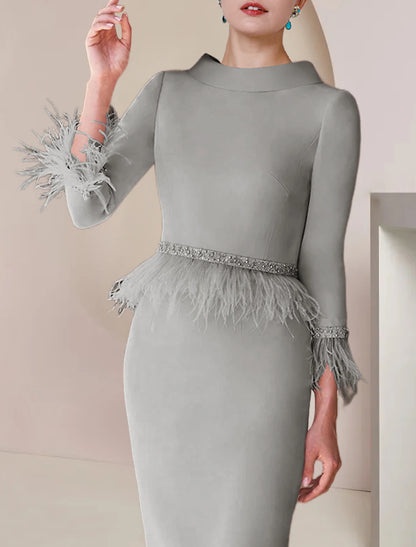 Sheath / Column Mother of the Bride Dress Formal Wedding Guest Elegant Party Scoop Neck Tea Length Satin 3/4 Length Sleeve with Feather Beading