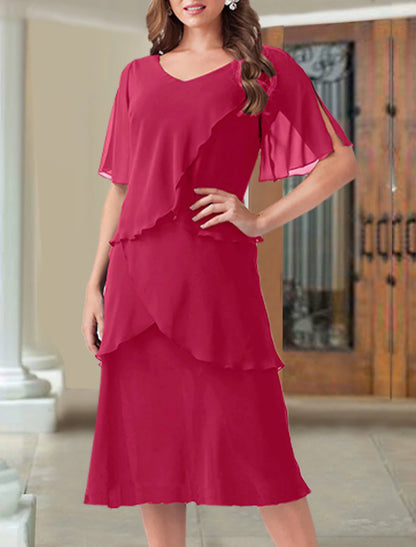 A-Line Mother of the Bride Dress Wedding Guest Elegant Plus Size V Neck Tea Length Chiffon Short Sleeve with Ruffles