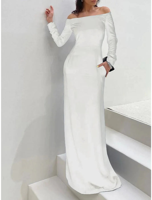 Sheath / Column Wedding Guest Dresses Maxi Dress Formal Black Tie Gala Floor Length Long Sleeve Off Shoulder Velvet with Pure Color