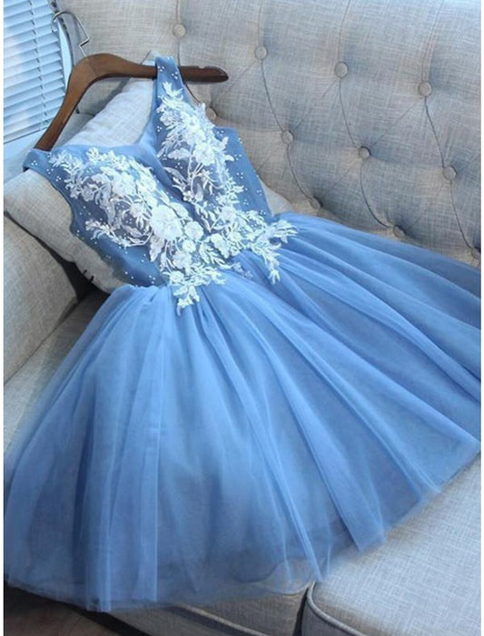 A-Line Homecoming Dresses Color Block Dress Graduation Sweet 16 Short / Mini Sleeveless V Neck Tulle with Appliques