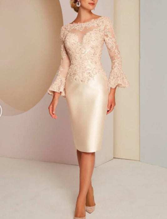 Sheath / Column Mother of the Bride Dress Fall Wedding Guest Vintage Luxurious Plus Size Jewel Neck Knee Length Satin Lace Long Sleeve with Beading Appliques