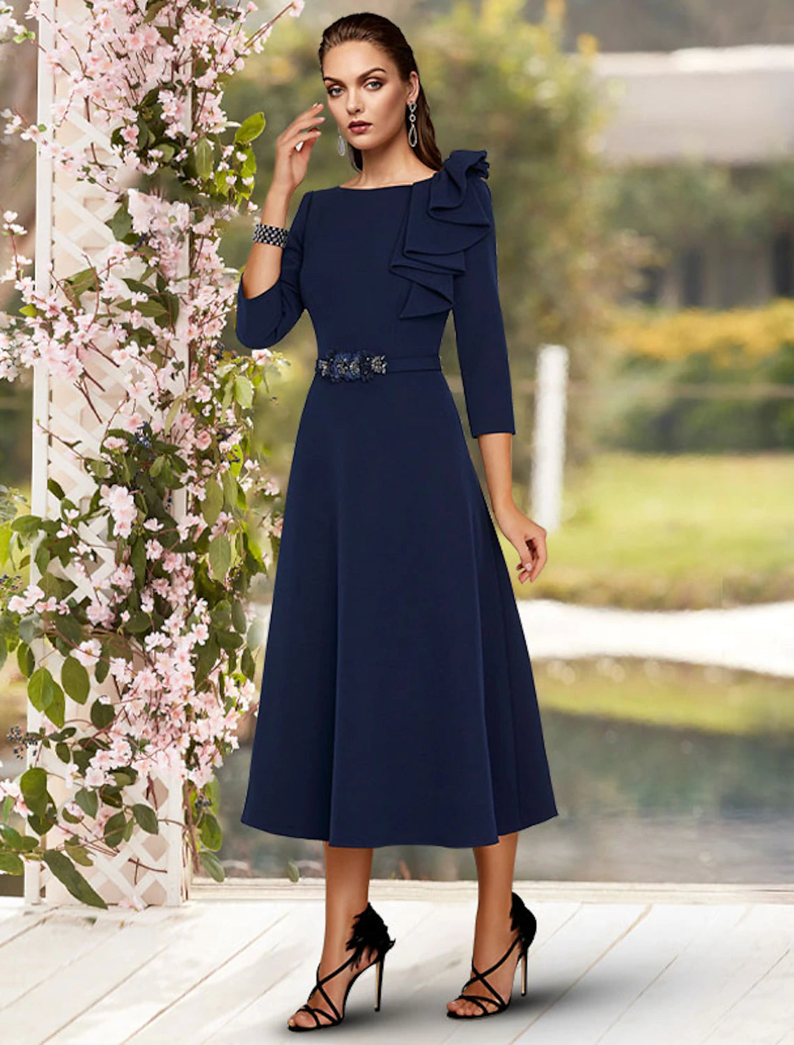 A-Line Mother of the Bride Dress Wedding Guest Elegant Jewel Neck Tea Length Stretch Fabric 3/4 Length Sleeve with Sash / Ribbon Side Draping Fall