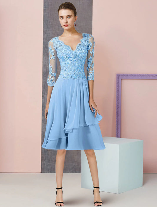 A-Line Mother of the Bride Dress Formal Wedding Guest Vintage Elegant V Neck Knee Length Chiffon Lace Half Sleeve with Pleats Sequin Appliques