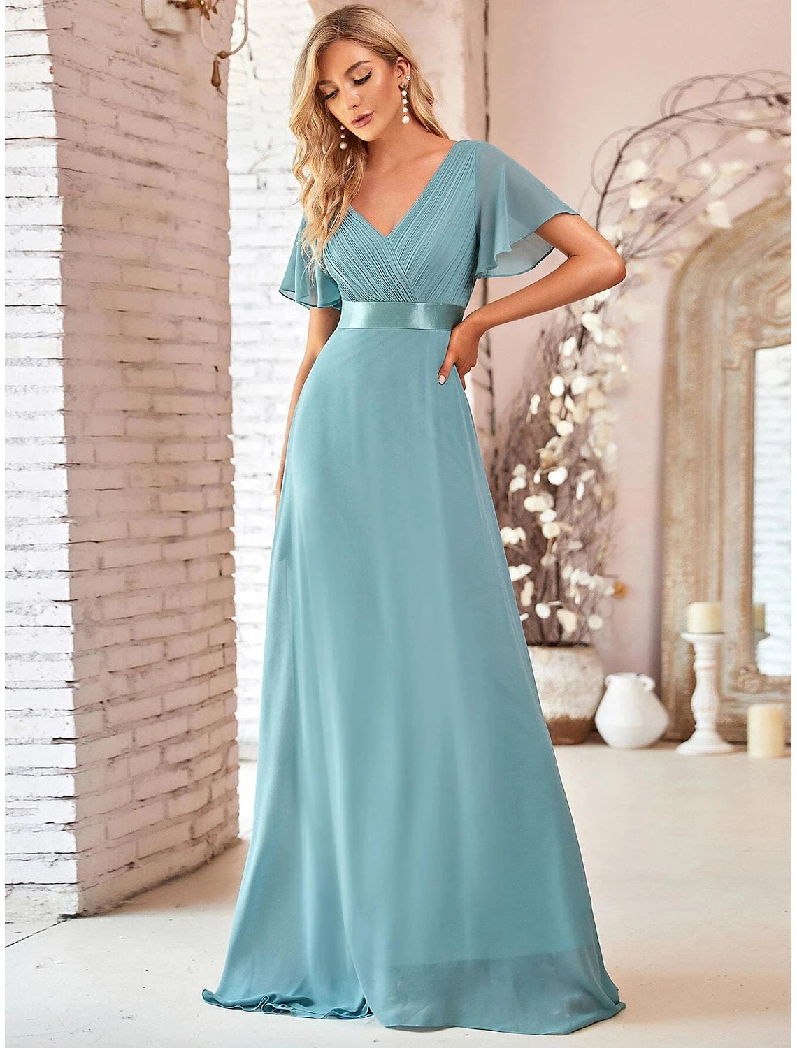 A-Line Evening Gown Empire Dress Wedding Guest Floor Length Short Sleeve V Neck Chiffon V Back with Ruffles Pure Color