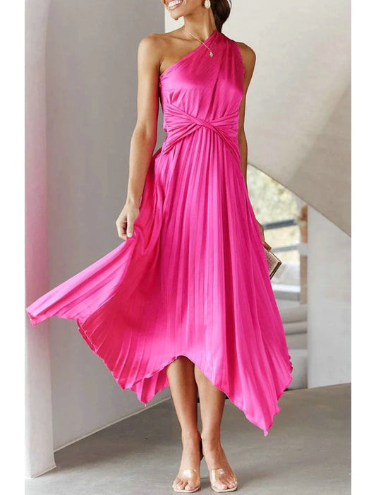 A-Line Wedding Guest Dresses Corsets Dress Party Dress Wedding Party Tea Length Sleeveless One Shoulder Polyester with Ruched