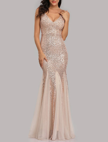 Mermaid / Trumpet Sparkle Sexy Party Wear Formal Evening Dress V Neck Sleeveless Floor Length Sequined with Sequin