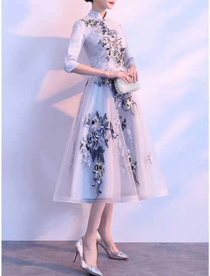 A-Line Mother of the Bride Dress Vintage Elegant High Neck Tea Length Lace Tulle Half Sleeve with Appliques