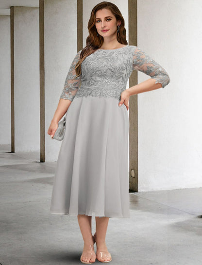 A-Line Plus Size Curve Mother of the Bride Dresses Elegant Dress Formal Tea Length 3/4 Length Sleeve Jewel Neck Chiffon with Sequin Appliques