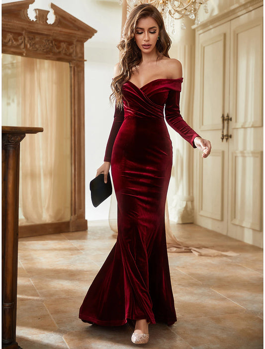 Mermaid / Trumpet Wedding Guest Dresses Elegant Dress Formal Sweep / Brush Train Long Sleeve Off Shoulder Velvet with Ruched