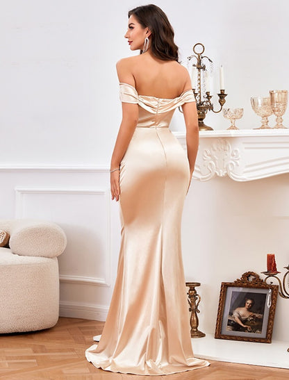 Mermaid / Trumpet Minimalist High Split Prom Formal Evening Dress Off Shoulder Sleeveless Floor Length Satin with Ruched Slit