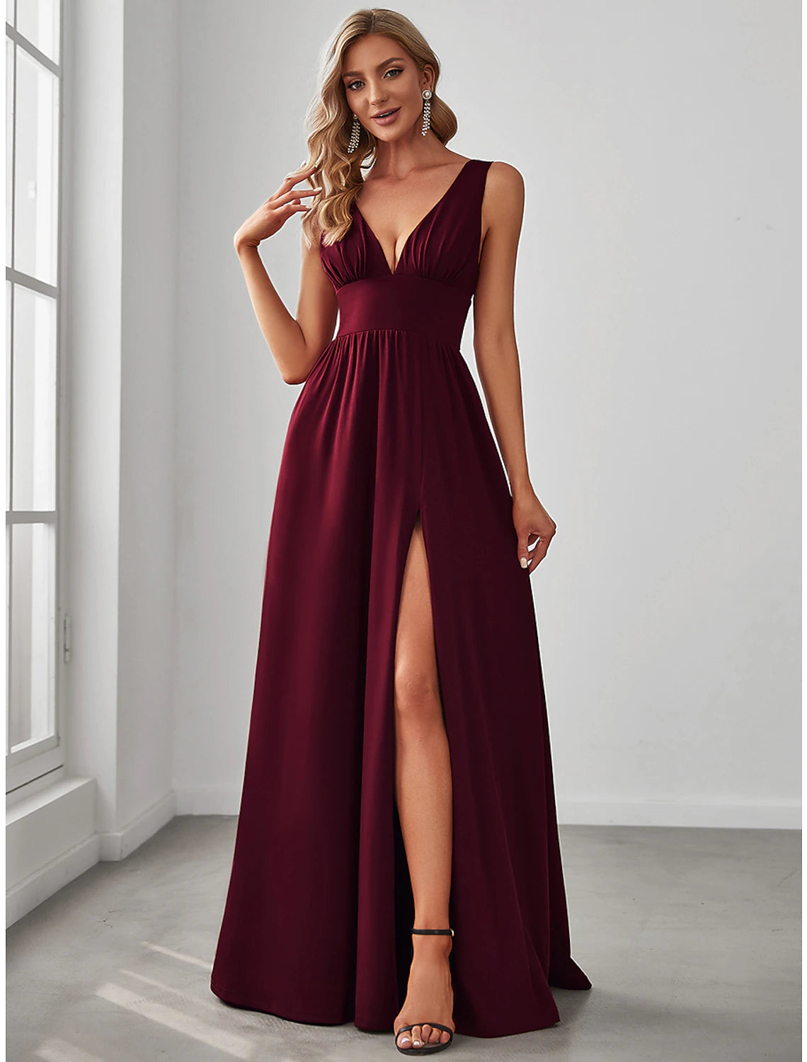 A-Line Prom Party Dress High Split Dress Wedding Guest Formal Evening Floor Length Sleeveless V Neck Bridesmaid Dress Chiffon V Back with Slit Pure