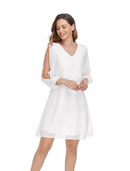 A-Line Empire Homecoming Cocktail Party Dress V Neck 3/4 Length Sleeve Short / Mini Chiffon with Slit Pure Color