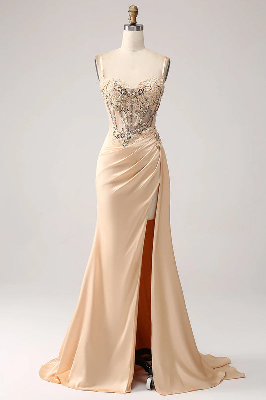 Amzcw Elegant Champagne Mermaid Pleated Satin Prom Dress With Appliques prom dresses shops