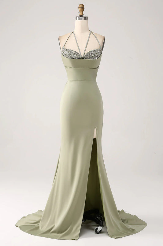 Amzcw Sheath Pistachio V-Neck Beaded Long Prom Dress With Slit prom dresses shops