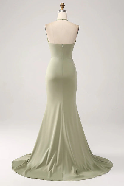 Amzcw Sheath Pistachio V-Neck Beaded Long Prom Dress With Slit prom dresses shops