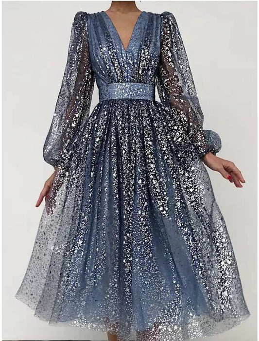 Women‘s Sequin Dress Party Dress Sparkly Dress Dress Homecoming Dress Sheath Dress Swing Dress Midi Dress Dusty Rose Dusty Blue Long Sleeve Plain Ruched Winter Fall Spring V Neck Mod