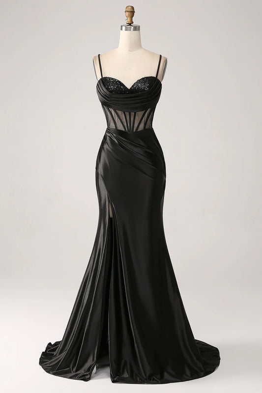 Amzcw Mermaid Sweetheart Black Satin Long Prom Dress With Beading prom dresses shops