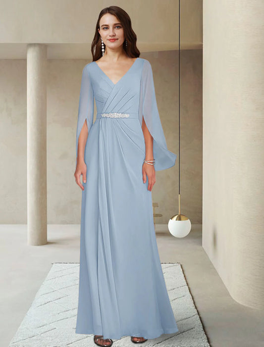 Sheath / Column Mother of the Bride Dress Elegant V Neck Ankle Length Chiffon Long Sleeve with Crystal Brooch Ruching