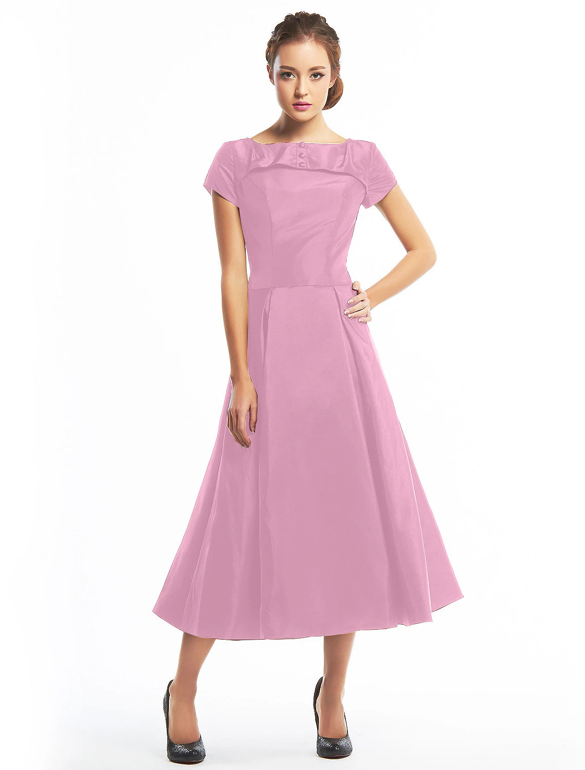 A-Line Vintage Dress Homecoming Tea Length Short Sleeve Boat Neck Taffeta with Buttons