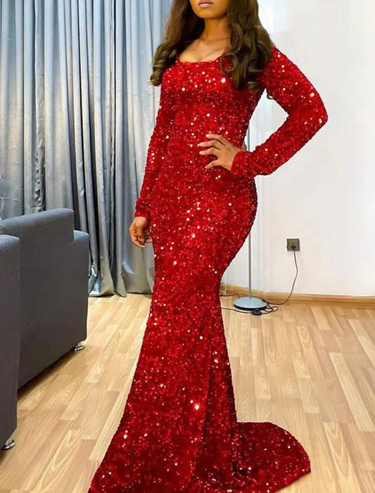 Mermaid Evening Gown Sparkle Christmas Red Green Dress Dress Formal Wedding Guest Sweep / Brush Train Long Sleeve Scoop Neck Sequined with Sequin