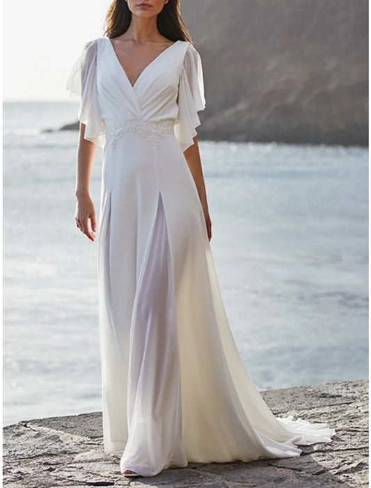 Beach Mature Wedding Dresses A-Line V Neck Short Sleeve Sweep / Brush Train Chiffon Bridal Gowns With Pleats Ruched