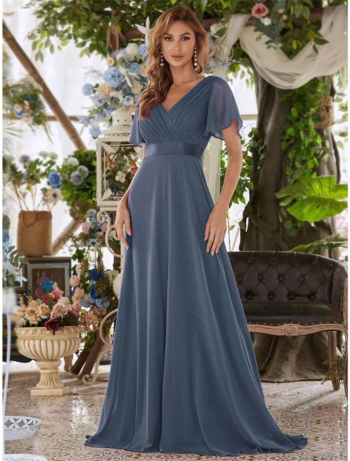 A-Line Evening Gown Empire Dress Wedding Guest Floor Length Short Sleeve V Neck Chiffon V Back with Ruffles Pure Color