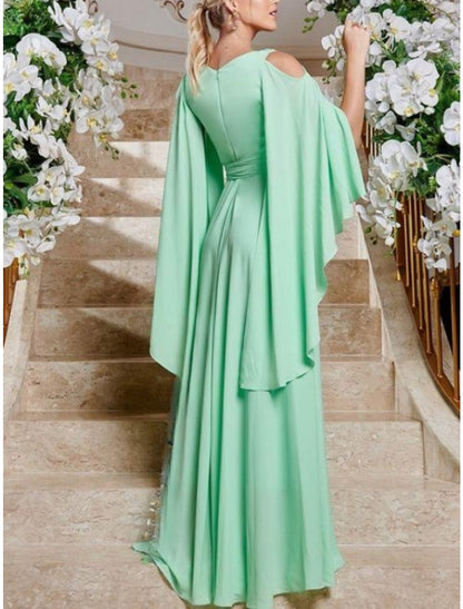 Sheath / Column Wedding Guest Dresses Elegant Dress Wedding Guest Floor Length Long Sleeve V Neck Chiffon with Pleats Ruffles