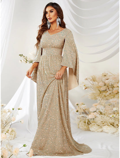 A-Line Evening Gown Sparkle & Shine Dress Formal Sweep / Brush Train Long Sleeve V Neck Capes Polyester with Sequin