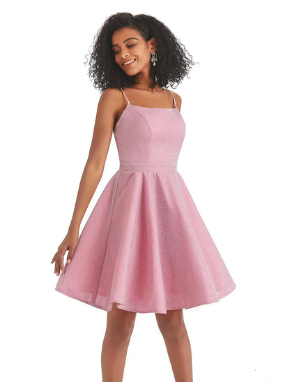 A-Line Homecoming Dresses Backless Dress Graduation Short / Mini Sleeveless Spaghetti Strap Pink Dress Lurex Fabric with Sequin Strappy