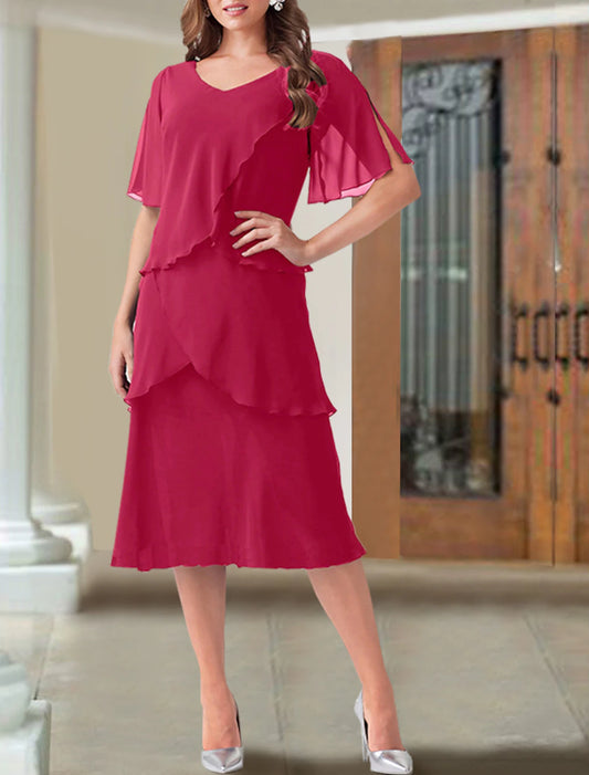A-Line Mother of the Bride Dress Wedding Guest Elegant Plus Size V Neck Tea Length Chiffon Short Sleeve with Ruffles
