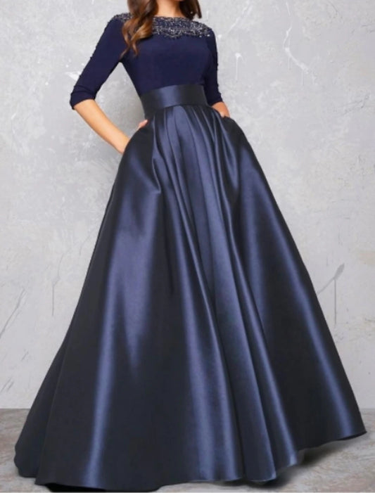 Ball Gown Evening Gown Minimalist Dress Quinceanera Formal Evening Floor Length Half Sleeve Illusion Neck Fall Wedding Guest Satin with Pleats Lace Insert