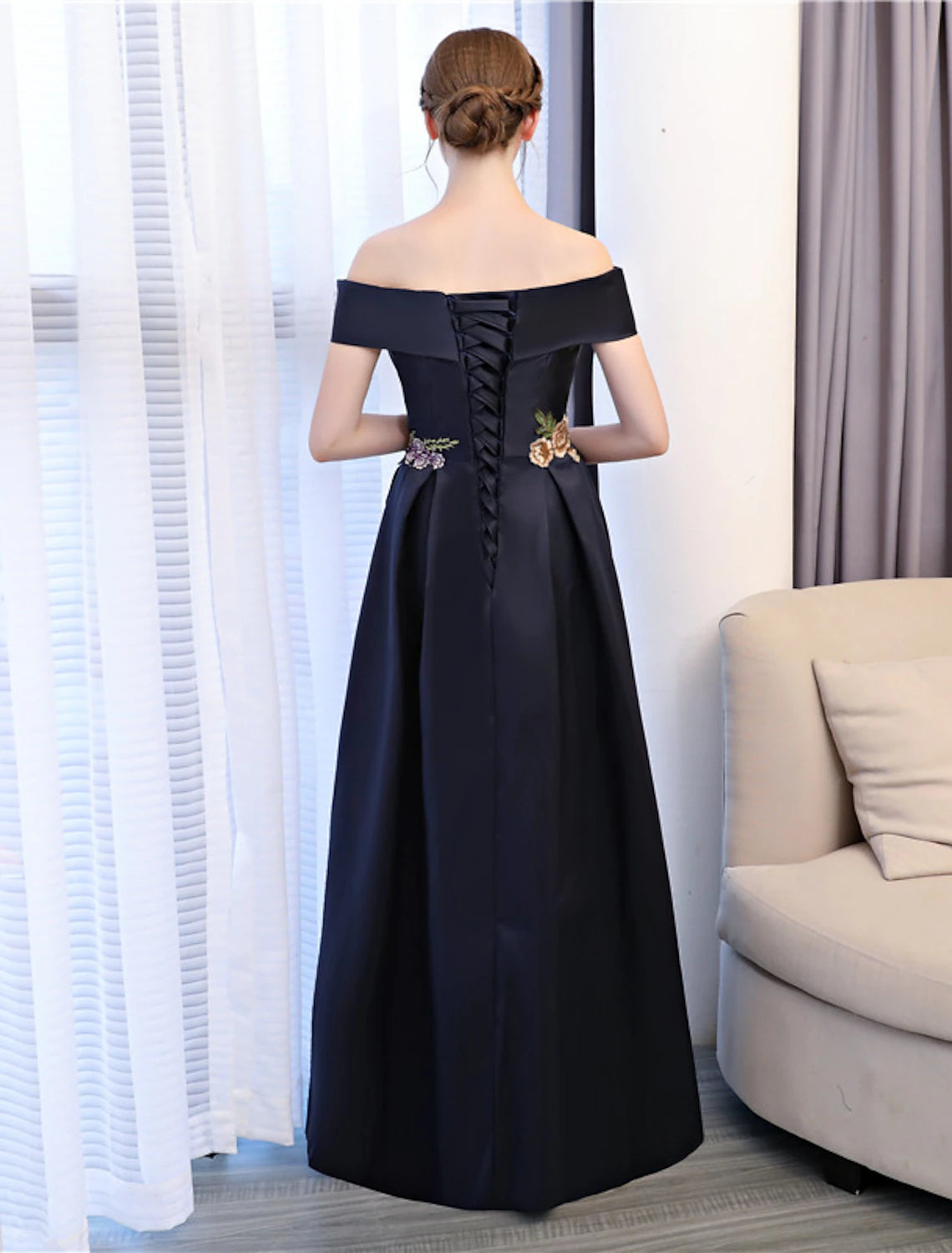 A-Line Floral Dress Wedding Guest Formal Evening Floor Length Sleeveless Off Shoulder Satin with Embroidery Appliques