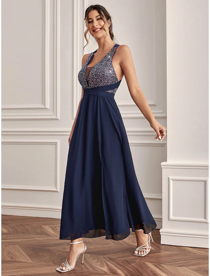 A-Line Wedding Guest Dresses Sparkle & Shine Dress Holiday Ankle Length Sleeveless V Neck Sequined with Sequin Slit