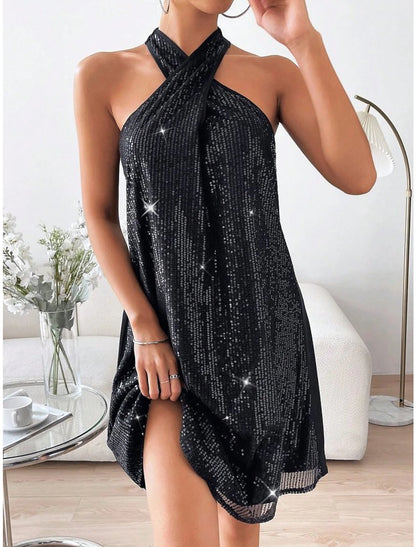 Women‘s Little Black Dress Sexy Dress Black Sequin Dress Party Dress Homecoming Dress Mini Dress Fuchsia Sleeveless Spring Fall Halter Neck Fashion Wedding Guest Vacation