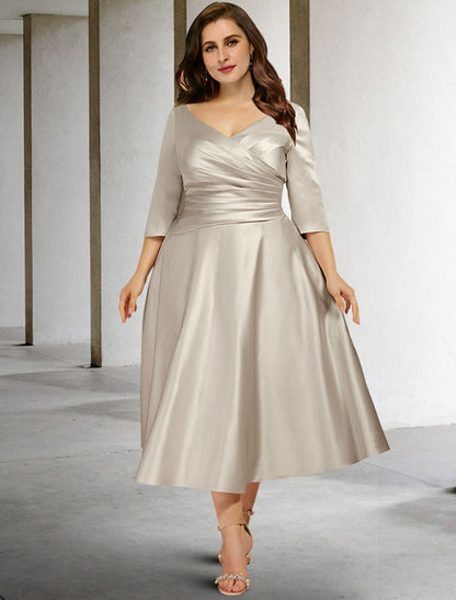 A-Line Plus Size Curve Mother of the Bride Dresses Elegant Dress Formal Wedding Guest Tea Length Sleeveless V Neck Satin with Ruched