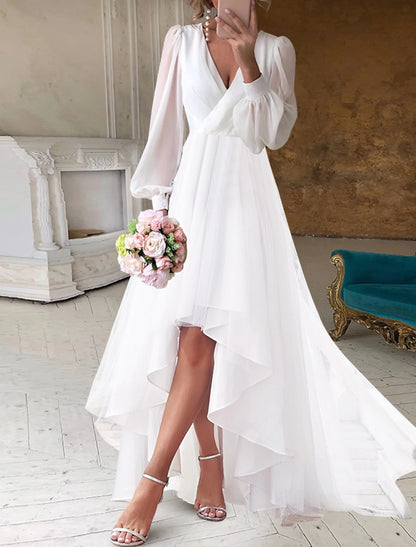 Bridal Shower Fall Wedding Dresses Little White Dresses Casual A-Line V Neck Long Sleeve Asymmetrical Chiffon Bridal Gowns With Solid Color Summer Wedding Party