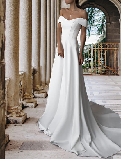 Hall Casual Wedding Dresses A-Line Off Shoulder Cap Sleeve Court Train Satin Bridal Gowns With Pleats